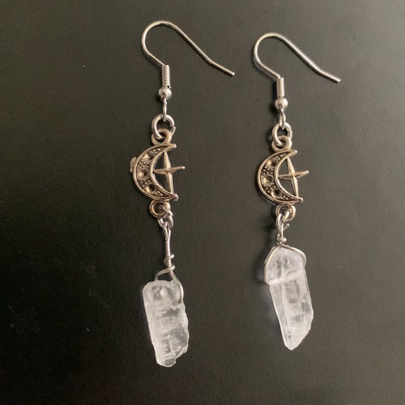Witchy Boho Moon Earrings Hippie Crystal Look Cross Shepherds Hook Witch Fairy - Picture 2 of 6